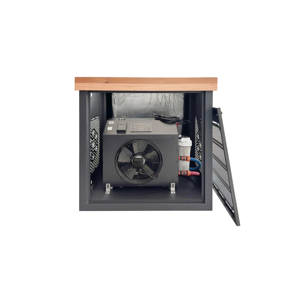 MedEq stainless steel plunge pool with integrated chiller: chiller compartment open