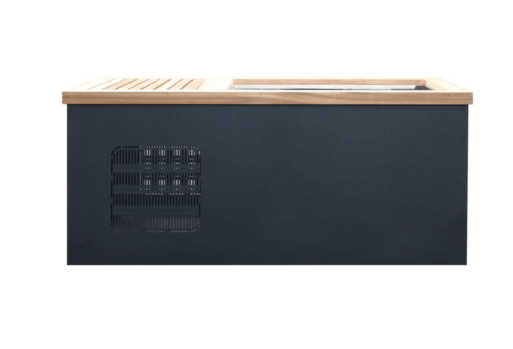 MedEq stainless steel plunge pool with integrated chiller, side view with wood top trim