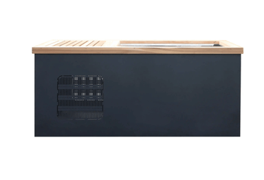 MedEq stainless steel plunge pool with integrated chiller, side view with wood top trim