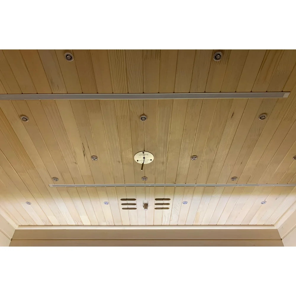 Hemlock ceiling with recessed star LED points, light bars and roof vent in the Blisspod Bergen Full Spectrum Sauna