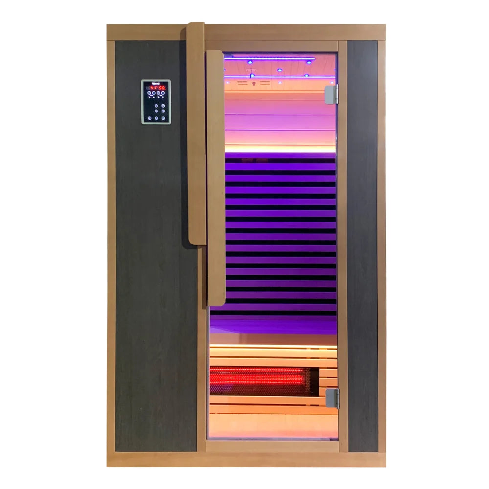Front elevation of the Blisspod Bergen Infrared Sauna with dark panels, wood handle and lit glass door