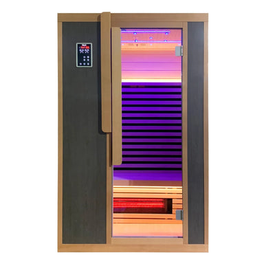 Front elevation of the Blisspod Bergen Infrared Sauna with dark panels, wood handle and lit glass door