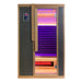 Front elevation of the Blisspod Bergen Infrared Sauna with dark panels, wood handle and lit glass door