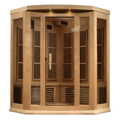 Front studio view of the Maxxus MX-K356-01-ZF Infrared Sauna with side windows, corner benches and LED control panel