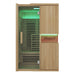Front view of the closed glass door and green lit interior of the Blisspod Milano Infrared Sauna