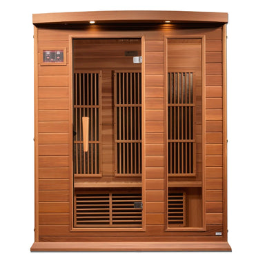 Front of the Maxxus Montilemar Far Infrared Sauna showing the glass door, LED control panel and carbon heat emitters