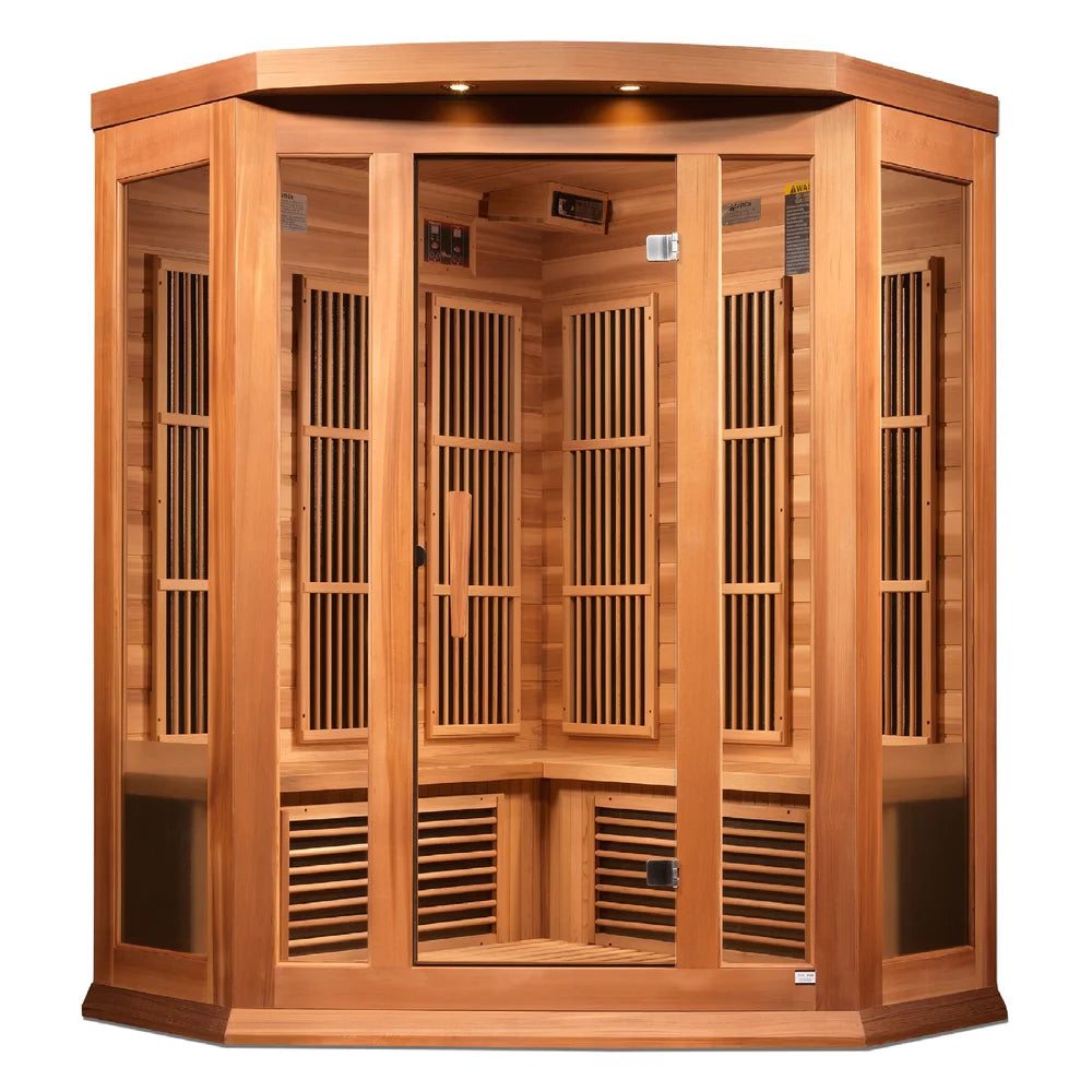 Front view of the Maxxus MX-K356-01-ZF Infrared Sauna with glass door, corner bench, heating panels and floor vents