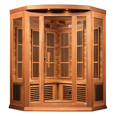 Front view of the Maxxus MX-K356-01-ZF Infrared Sauna with glass door, corner bench, heating panels and floor vents