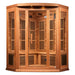 Front view of the Maxxus MX-K356-01-ZF Infrared Sauna with glass door, corner bench, heating panels and floor vents