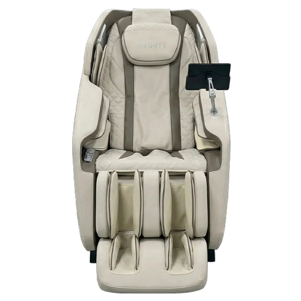 Front view of the greige Infinity Massage Chairs Celebrity Elite Massage Chair upright with tablet remote attached