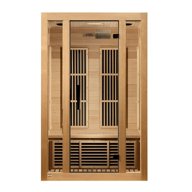 Front view of the Maxxus Seattle with closed glass door, side windows and bench visible inside the hemlock cabin
