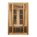 Front view of the Maxxus Seattle with closed glass door, side windows and bench visible inside the hemlock cabin