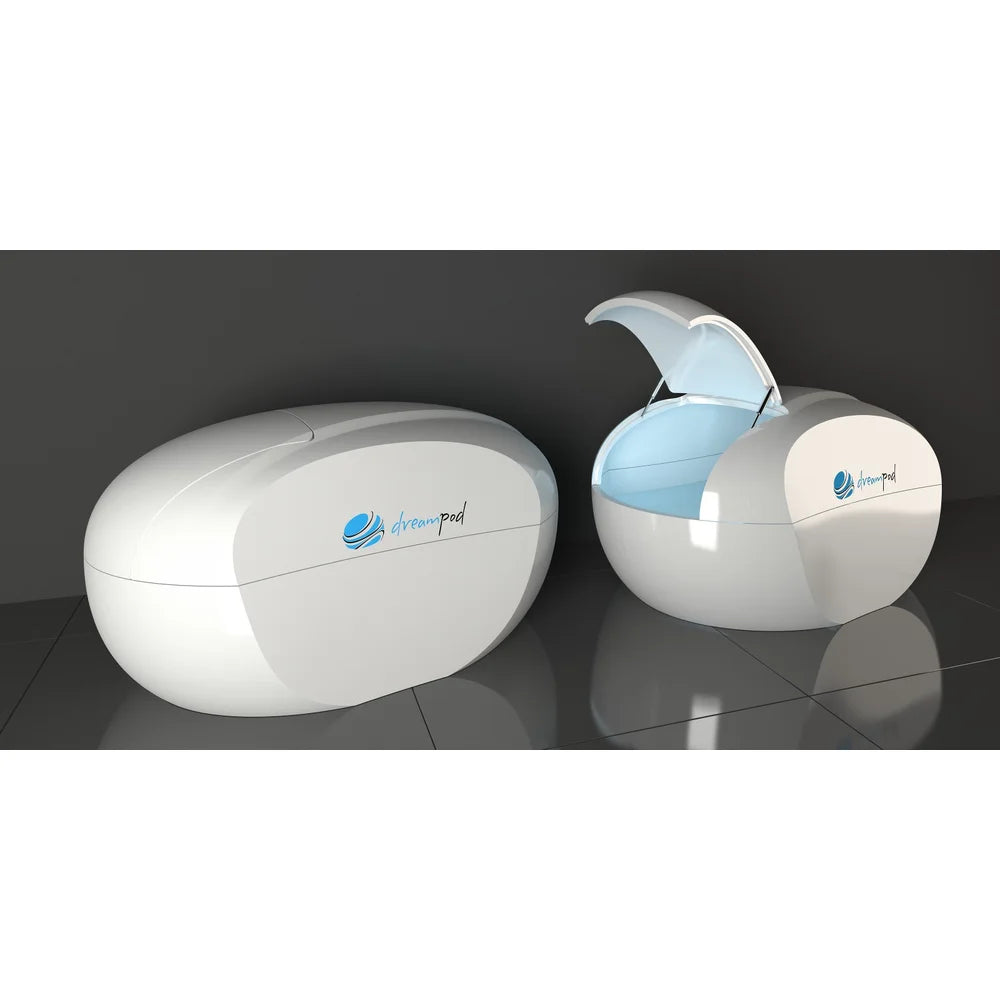 Closed and open Dreampod Home Float Plus Sensory Deprivation Tank pods rendered on a grey studio floor