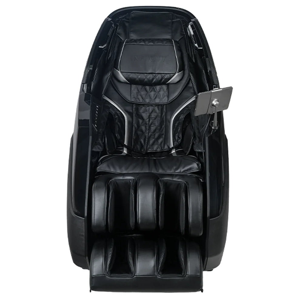 Front studio shot of the Infinity Ultra Imperial Syner-D Massage Chair in black with headrest and twin calf wells