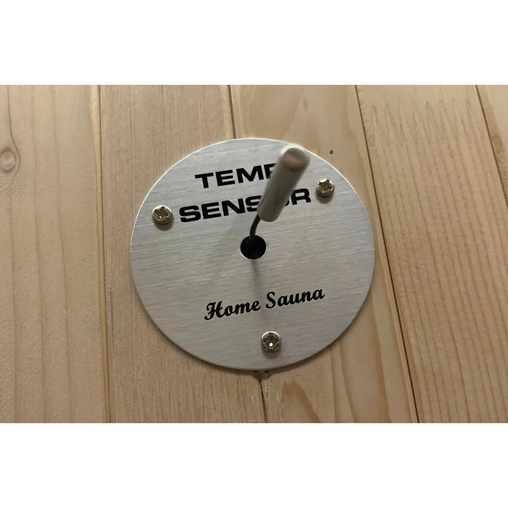 Brushed metal temp sensor probe mounted on hemlock wall of the Blisspod Helsinki Deluxe Sauna cabin