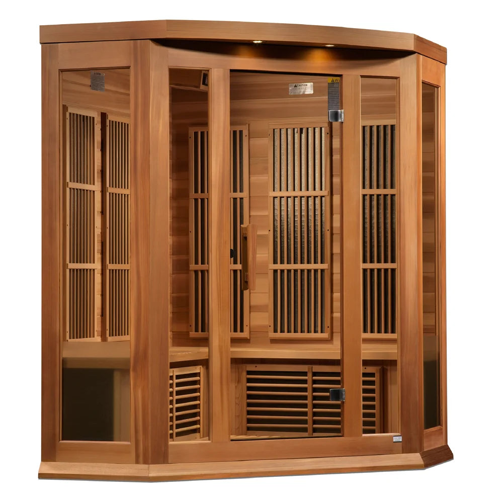 Angled studio shot of the Maxxus MX-K356-01-ZF Far Infrared Sauna with lit roof canopy and cedar corner cabinet
