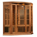 Angled studio shot of the Maxxus MX-K356-01-ZF Far Infrared Sauna with lit roof canopy and cedar corner cabinet