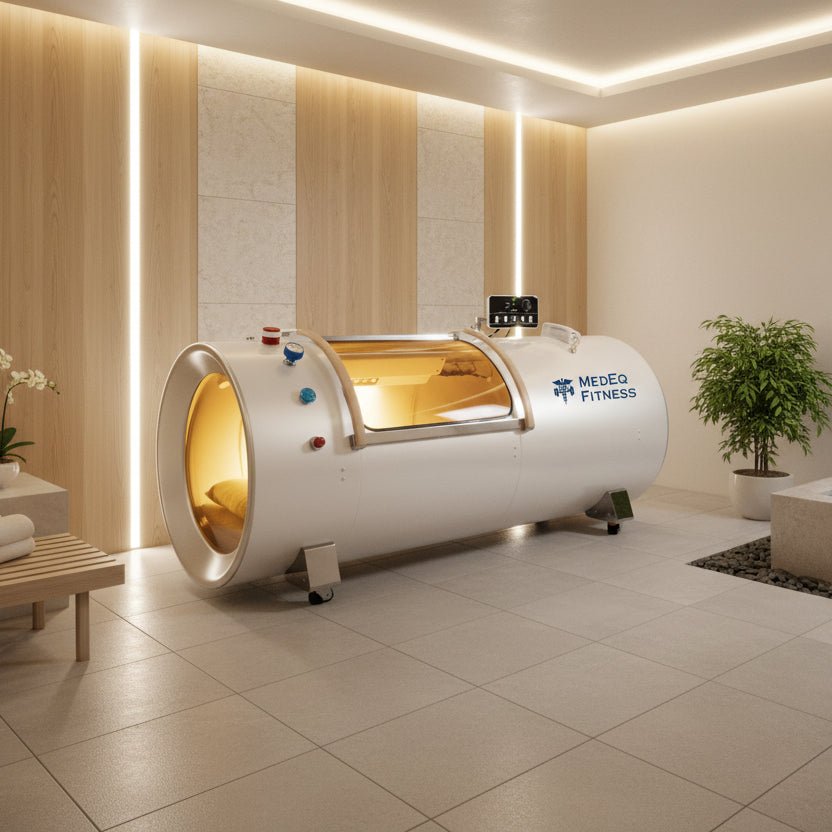MedEq TimeCapsule Vision C750+ hard-shell hyperbaric chamber, white, in a wellness room