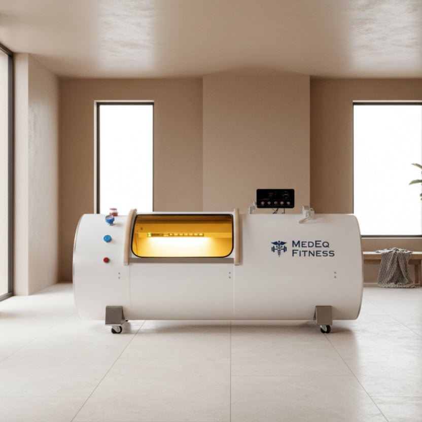 MedEq TimeCapsule Vision C750+ hard-shell hyperbaric chamber, white, in a bright room