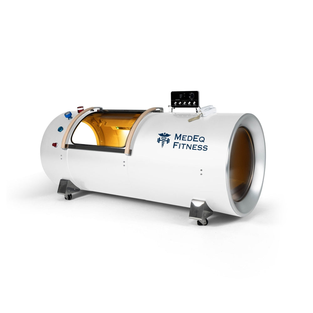 MedEq TimeCapsule Vision C900+ hard-shell hyperbaric chamber, white, angled view with open end