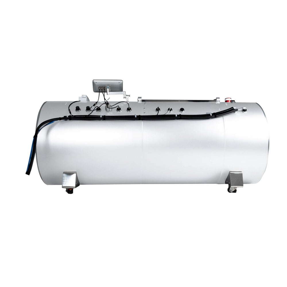 MedEq TimeCapsule Vision C900+ hard-shell hyperbaric chamber, stainless steel shell, rear view