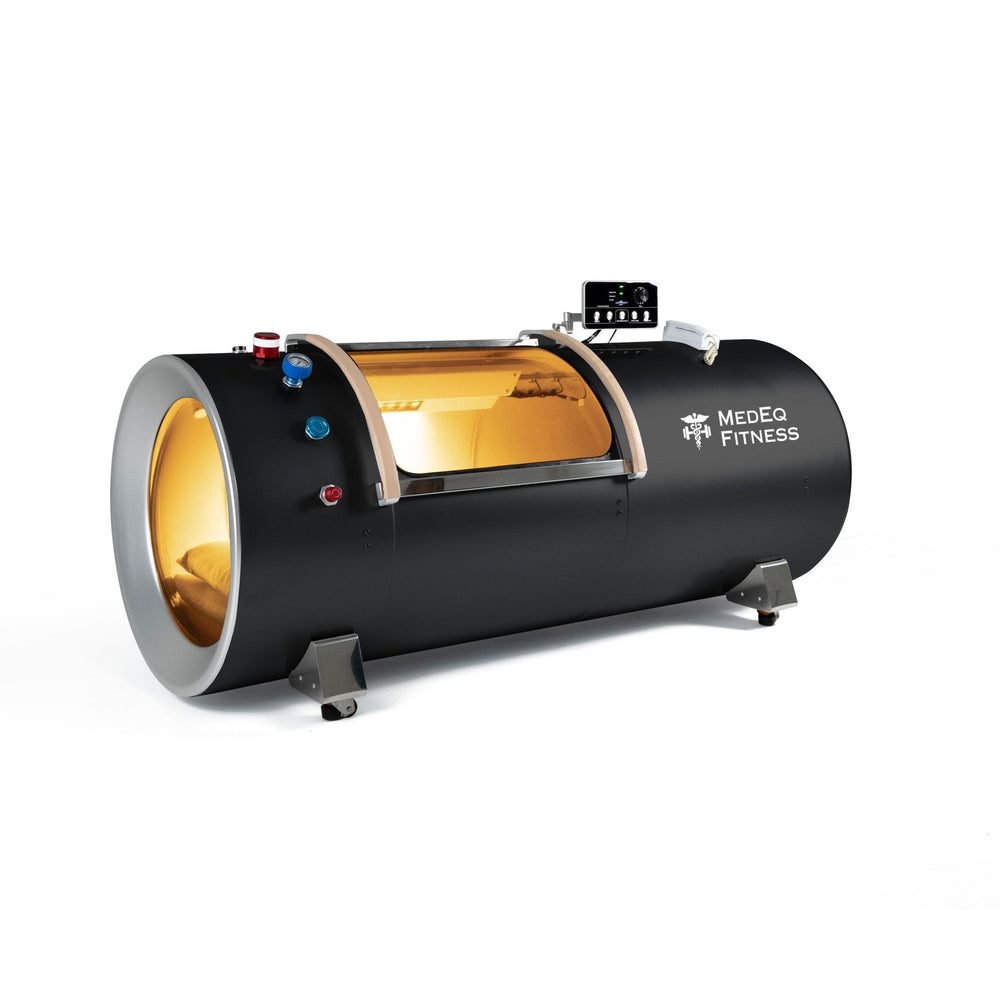 MedEq TimeCapsule Vision C900+ hard-shell hyperbaric chamber, black, angled view