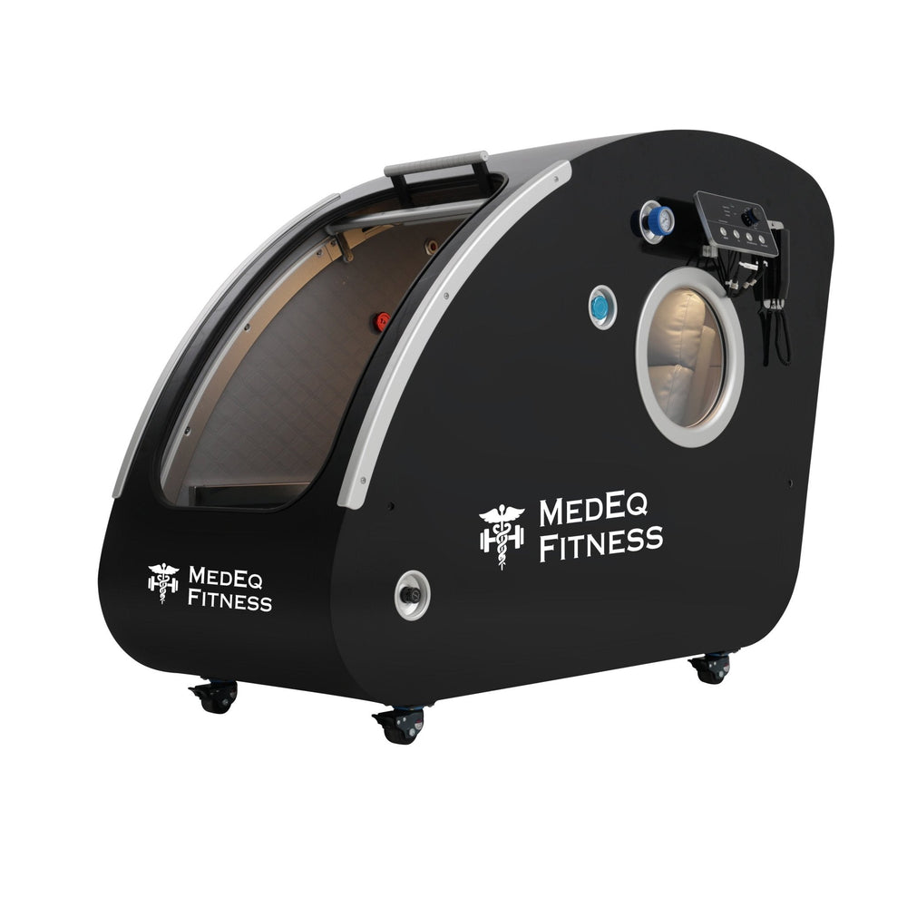 MedEq TimePod 2 triangular hard-shell hyperbaric chamber in black, angled view
