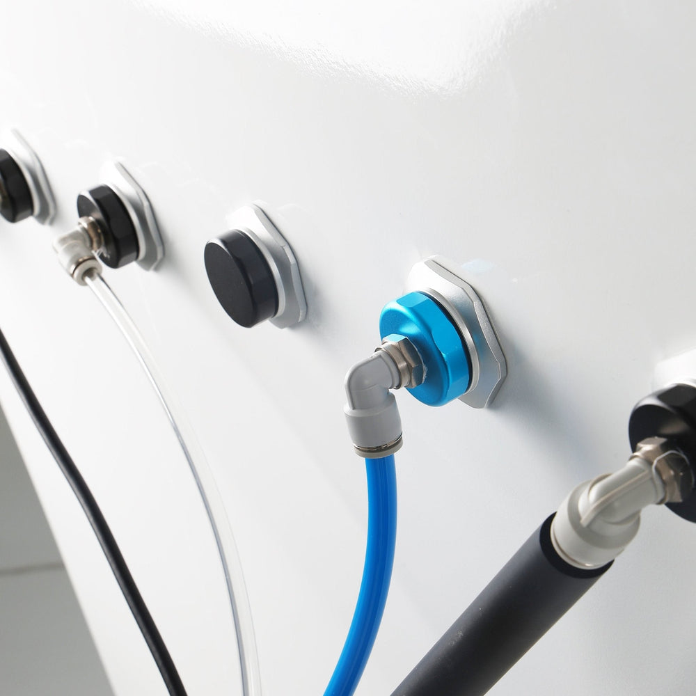 MedEq TimePod 2 triangular hard-shell hyperbaric chamber: blue oxygen hose fitting