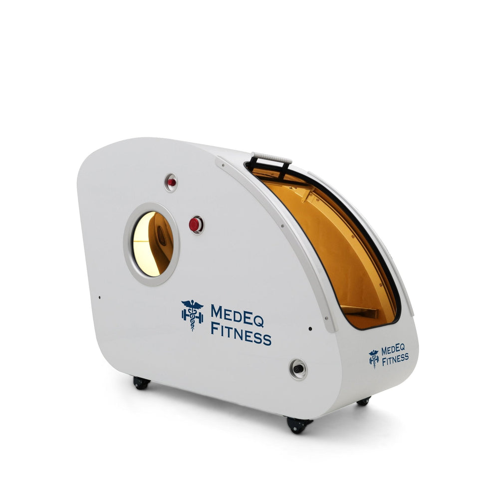 MedEq TimePod 2 triangular hard-shell hyperbaric chamber, white, rear angled view