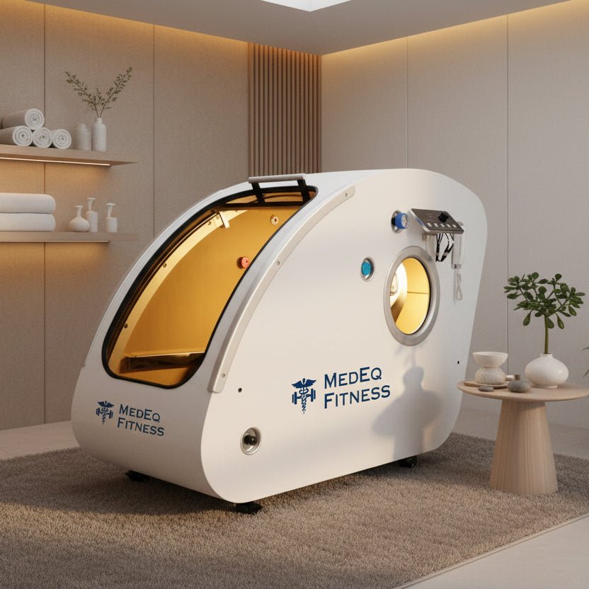 MedEq TimePod 2 triangular hard-shell hyperbaric chamber, white, in a wellness room
