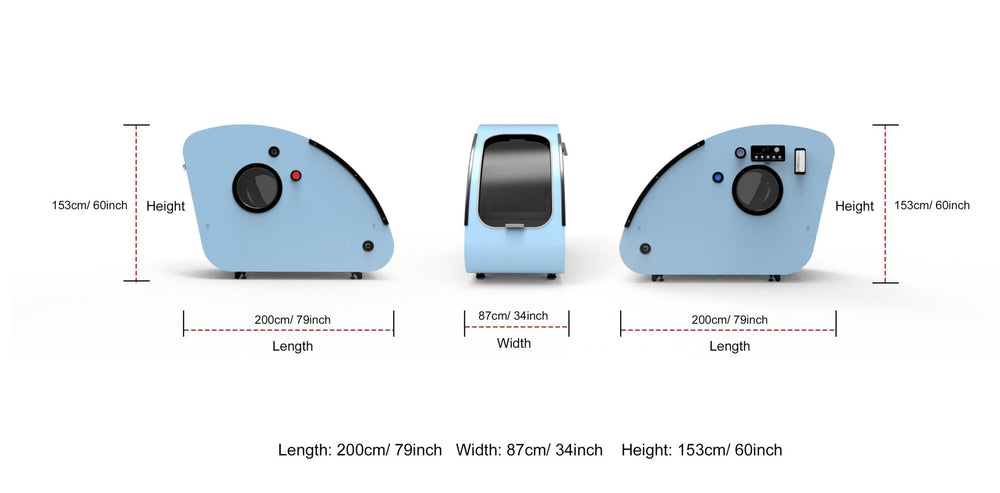 MedEq TimePod 2 triangular hard-shell hyperbaric chamber dimensions: 200 cm (79 in) long, 87 cm (34 in) wide, 153 cm (60 in) high