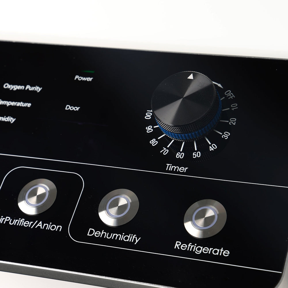 MedEq TimePod 2 triangular hard-shell hyperbaric chamber: control panel with timer and purifier, dehumidify and refrigerate buttons