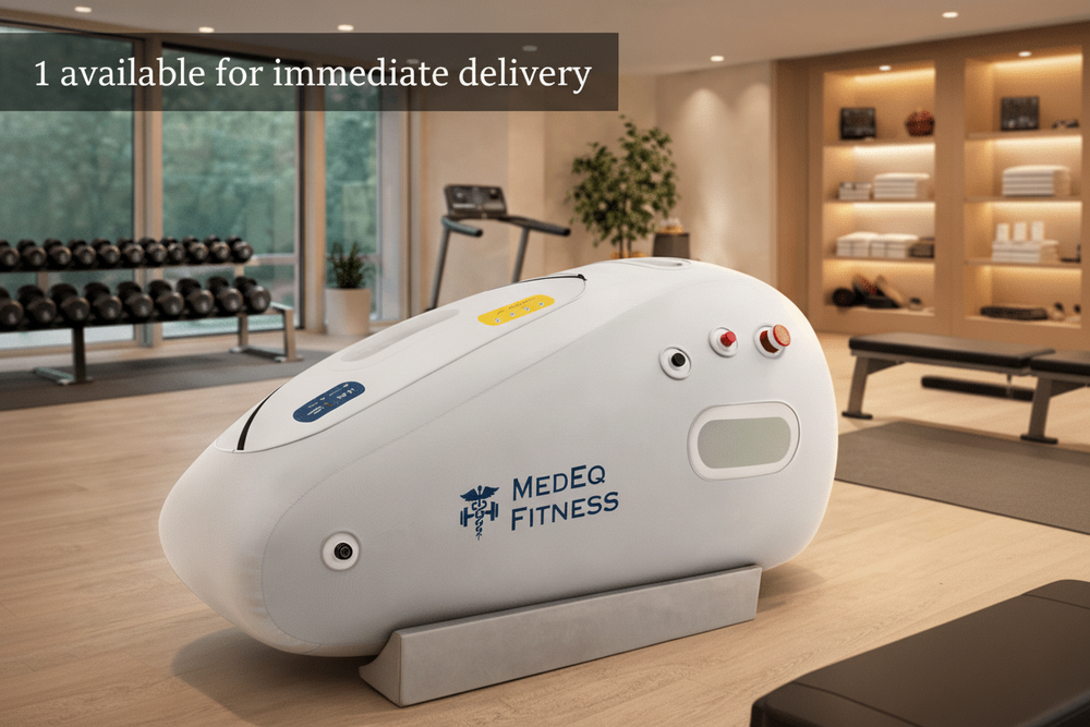 MedEq TimePod Air 1.5 Pro soft-shell hyperbaric chamber, white, in a home gym
