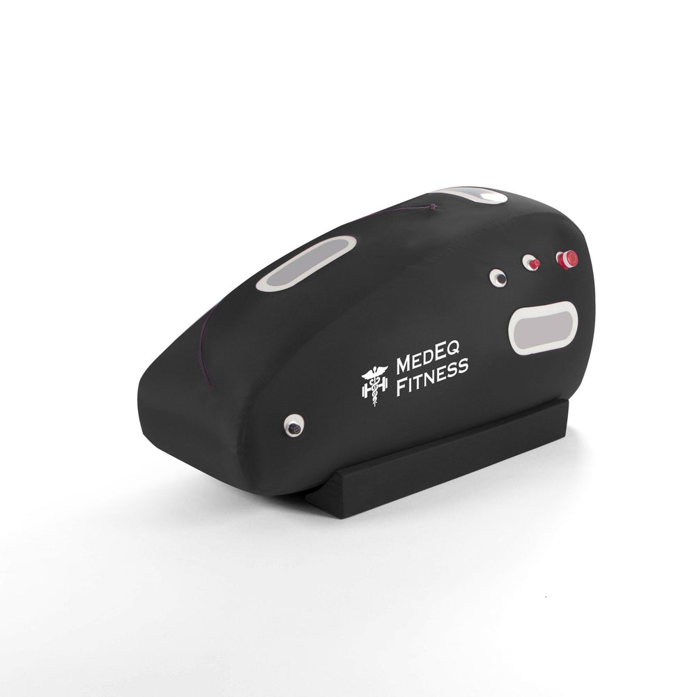 MedEq TimePod Air 1.5 Pro soft-shell hyperbaric chamber, black, angled view