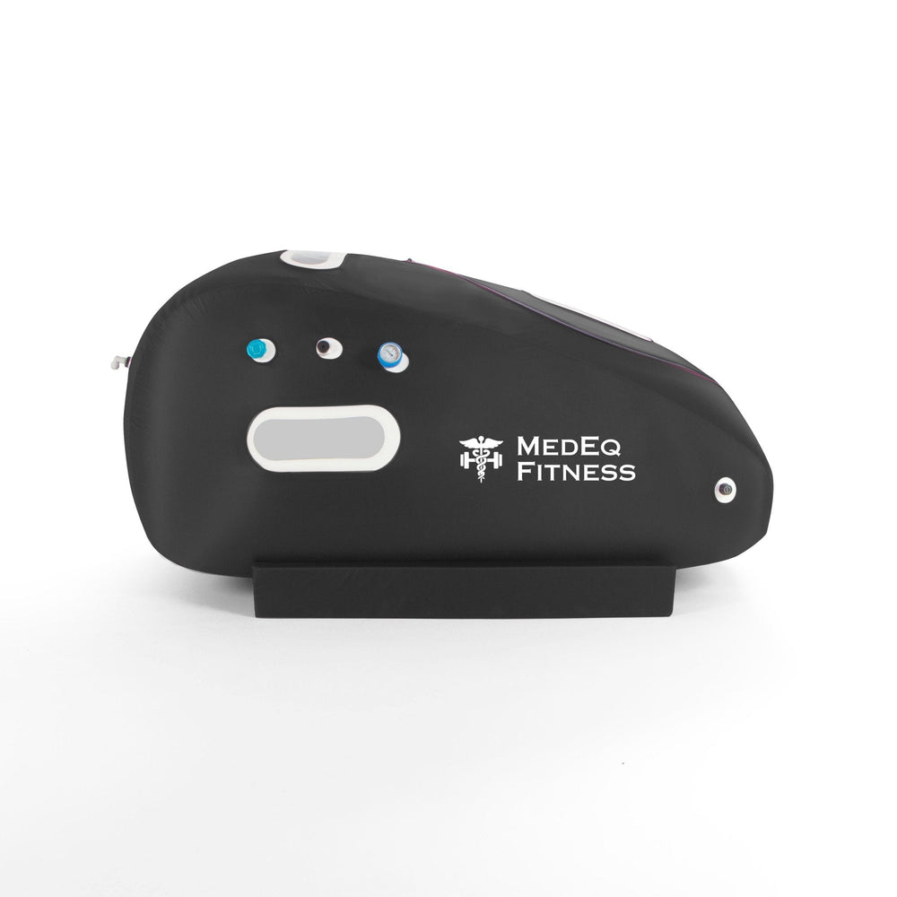 MedEq TimePod Air 1.5 Pro soft-shell hyperbaric chamber in black, side view