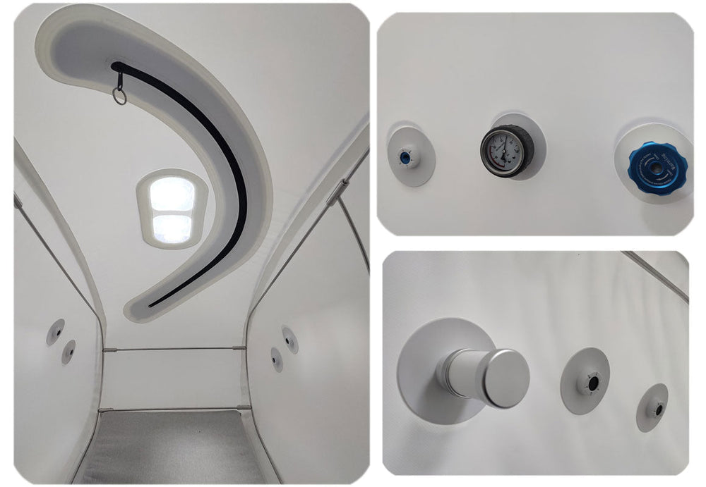 MedEq TimePod Air 1.5 Pro soft-shell hyperbaric chamber: interior frame, gauge and valves