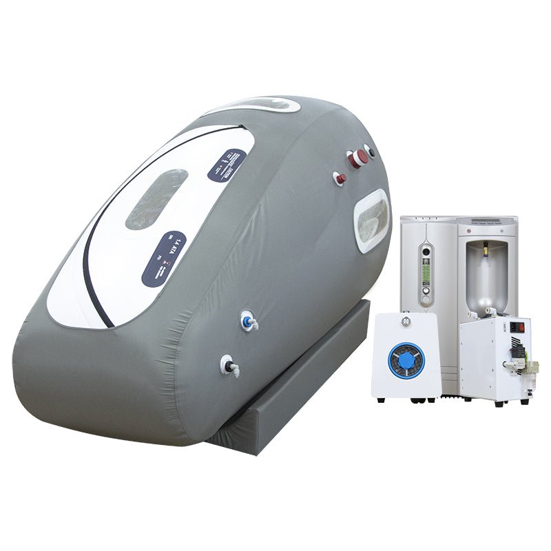 MedEq TimePod Air 1.5 Pro soft-shell hyperbaric chamber in gray with oxygen concentrator