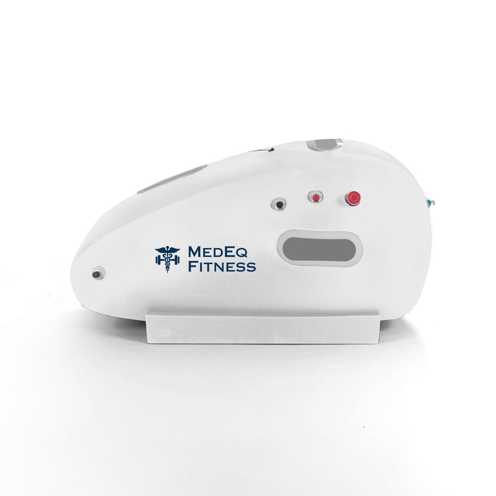 MedEq TimePod Air 1.5 Pro soft-shell hyperbaric chamber, white, angled view