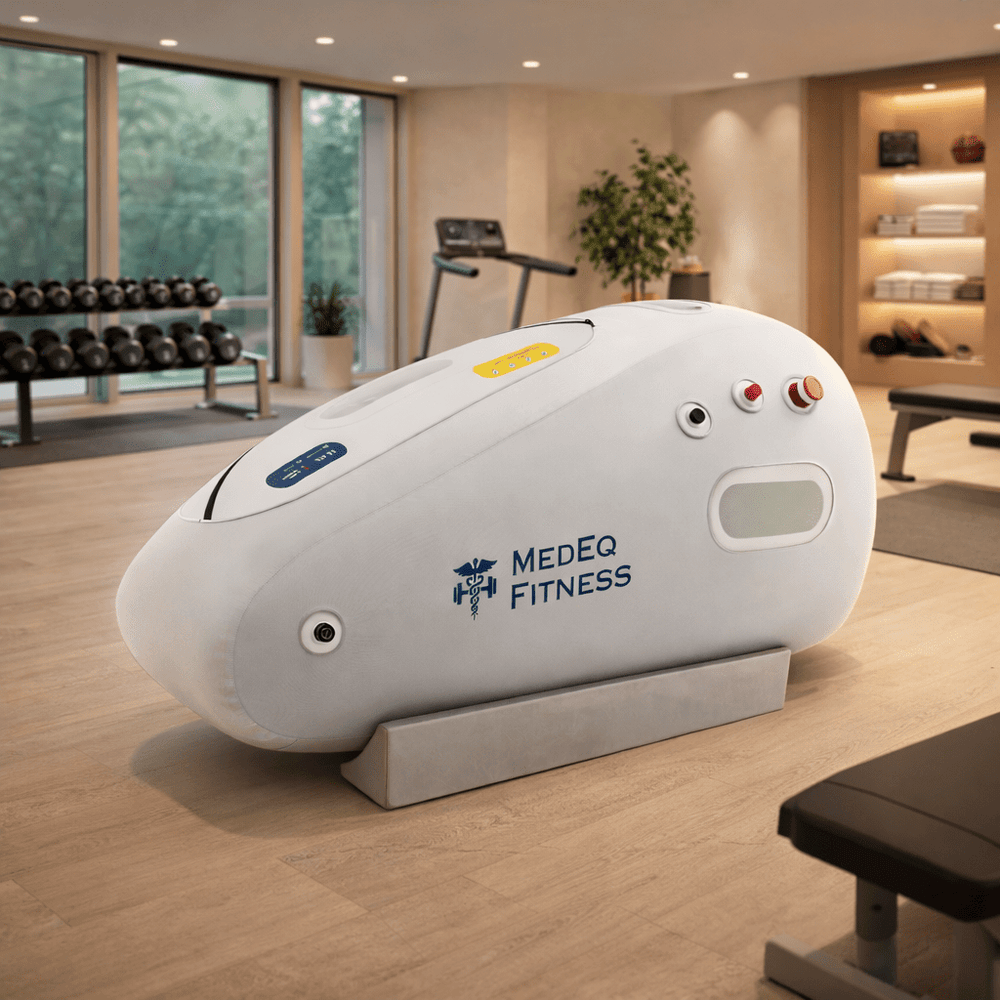 MedEq TimePod Air 1.5 Pro soft-shell hyperbaric chamber, white, in a home gym