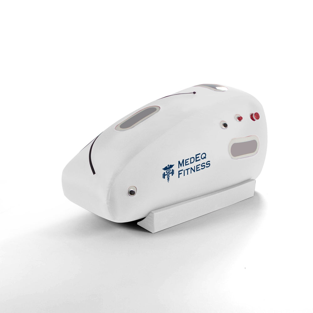 MedEq TimePod Air 1.5 Pro soft-shell hyperbaric chamber, white, angled front view