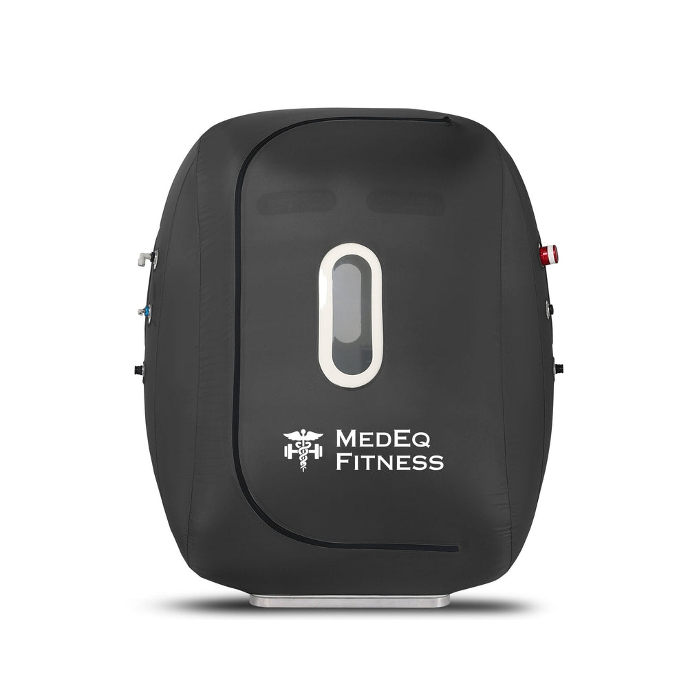 MedEq TimePod Air Wheelchair 1.4 ATA hyperbaric chamber, black, side view with zipper entry