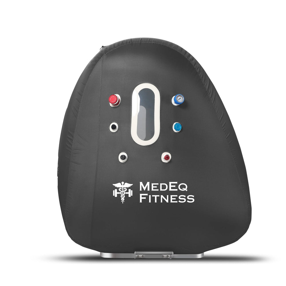 MedEq TimePod Air Wheelchair 1.4 ATA hyperbaric chamber, black, front view with window and valves