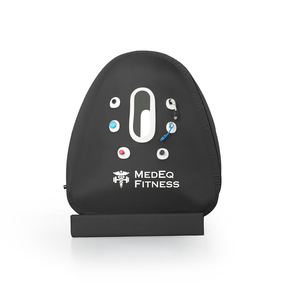 MedEq TimePod Air Wheelchair 1.4 ATA hyperbaric chamber, black, on its base