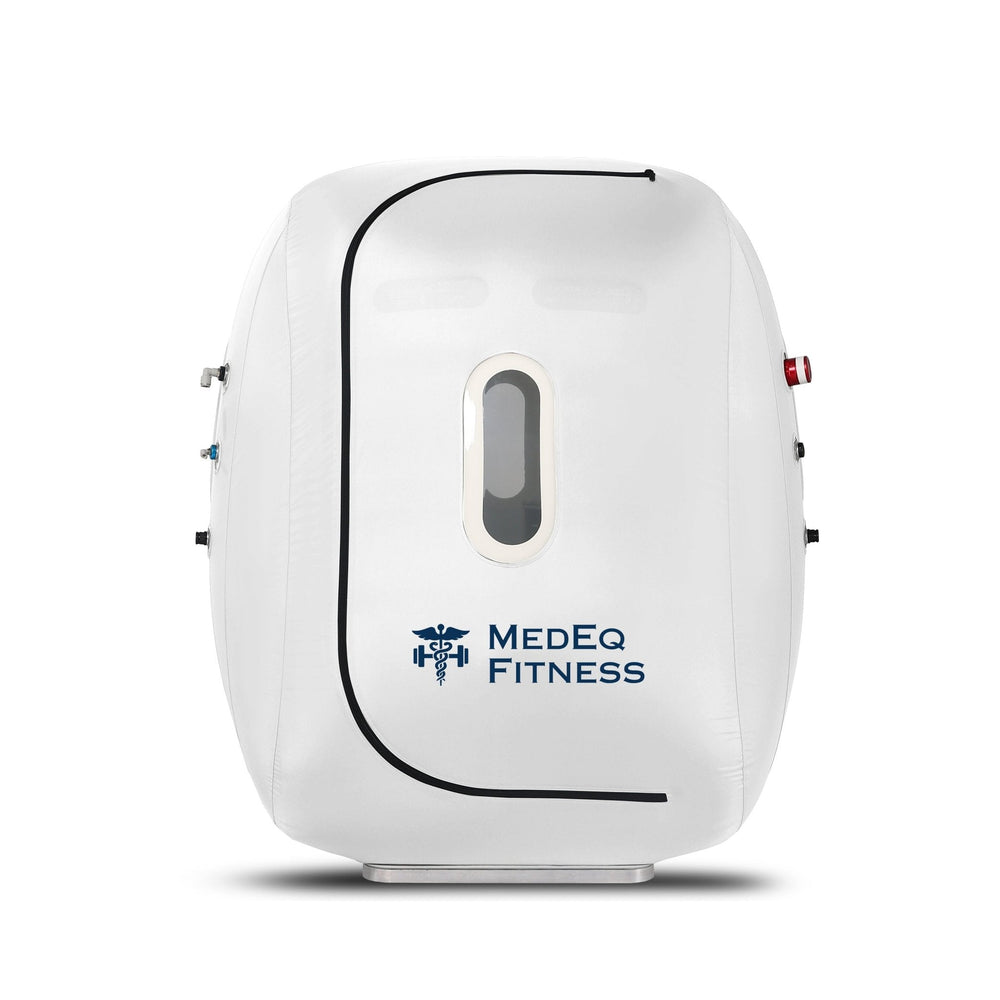 MedEq TimePod Air Wheelchair 1.4 ATA hyperbaric chamber, white, side view with curved zipper entry