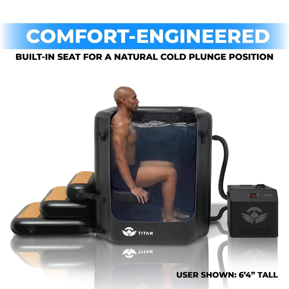 Cutaway showing a seated user on the built-in bench inside the black Titan Atlas Cold Plunge Tub