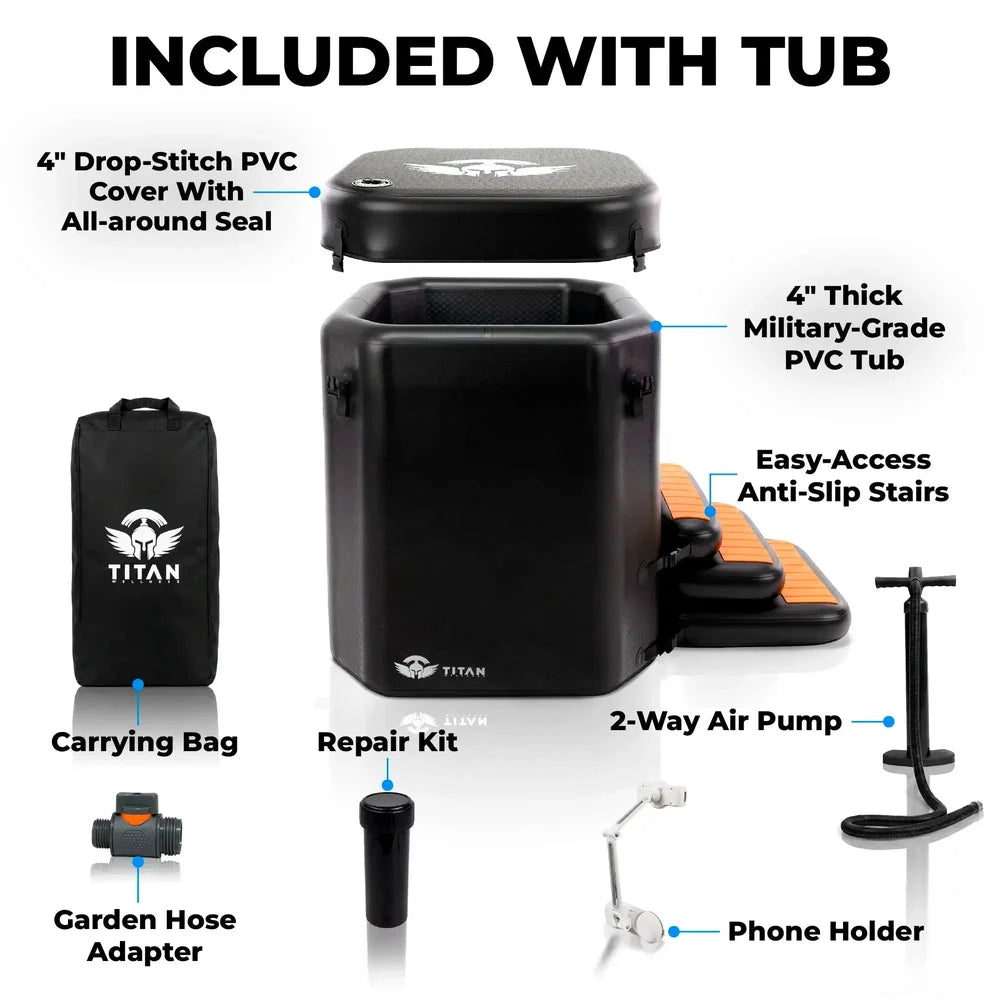 Labelled contents including cover, steps, pump, repair kit and bag supplied with the Titan Atlas Cold Plunge Tub