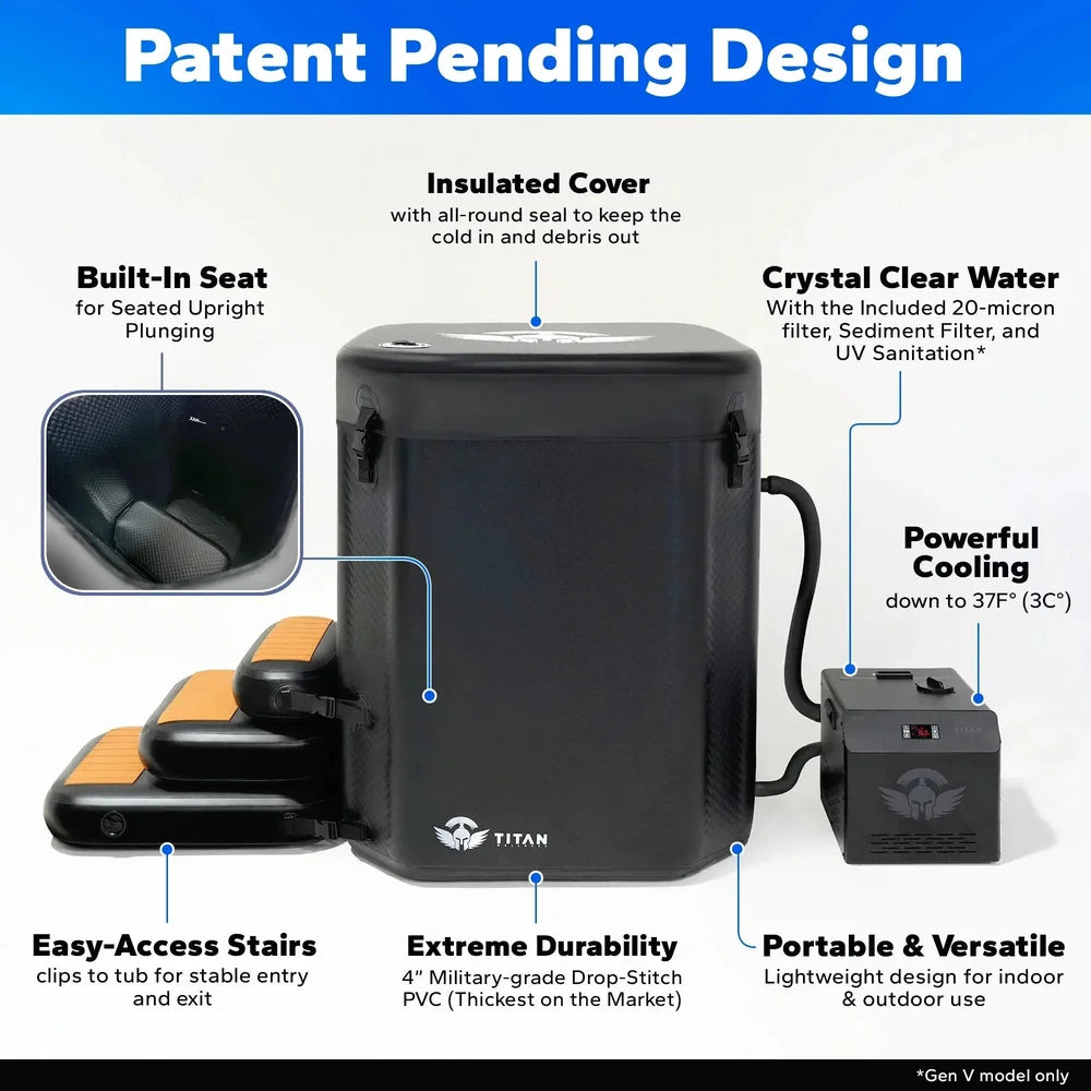 Overview graphic labelling cover, seat, filtration and cooling features of the black Titan Atlas Ice Bath
