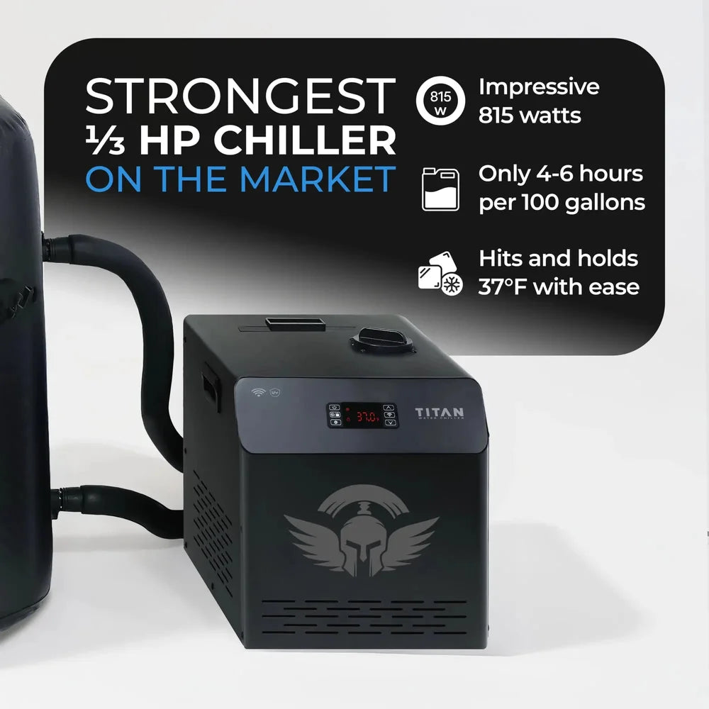 Performance callouts listing 815 watts and 4-6 hour cooling for the 1/3 HP Titan Atlas Ice Bath chiller