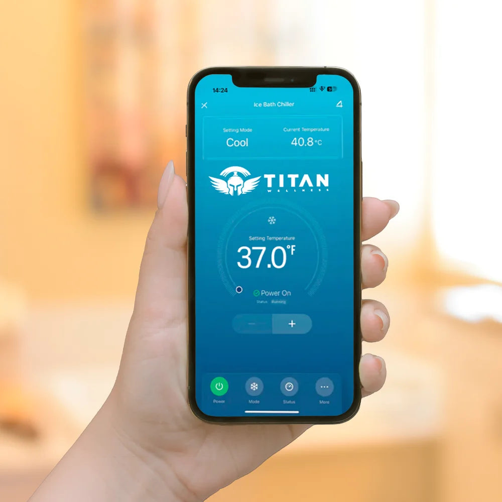 Smartphone app set to 37.0°F cool mode controlling the chiller of the Titan Atlas Cold Plunge Tub