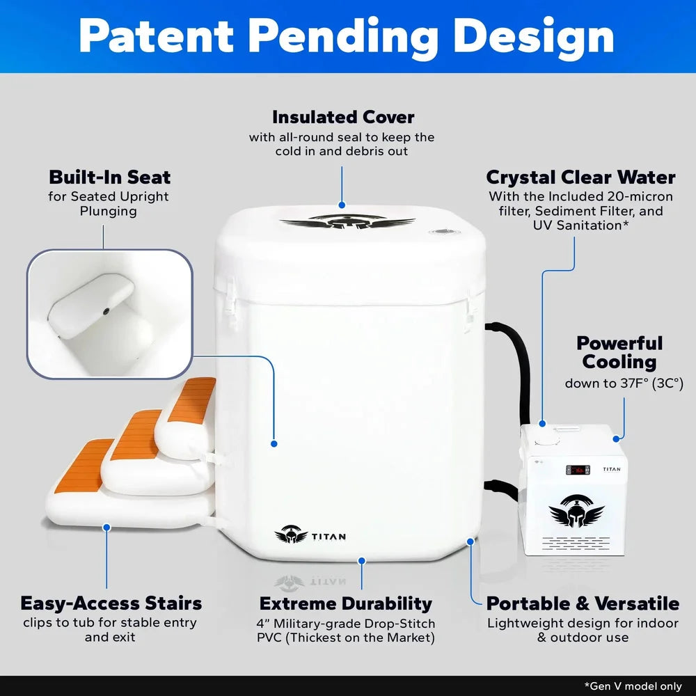 Feature overview labelling cover, seat and cooling on the Arctic White Titan Atlas Cold Plunge Tub